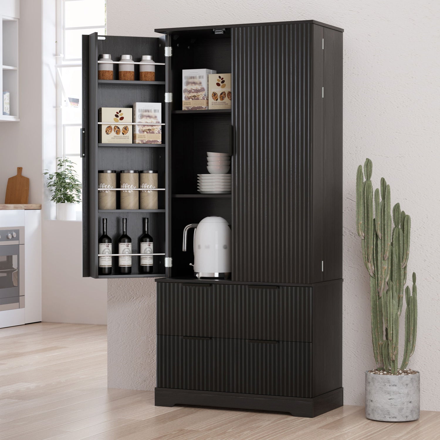 Fluted Kitchen Pantry Cabinet With 2 Large Drawers &amp; 8 Door Spice Rack
