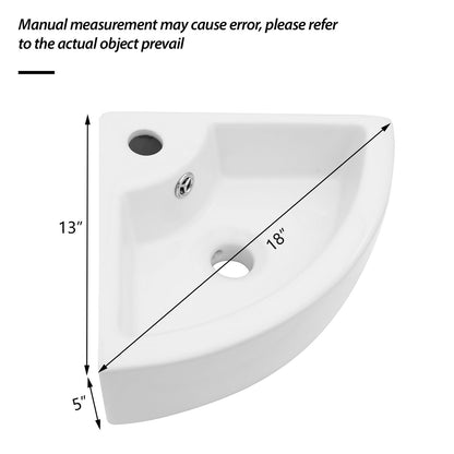 Triangle Porcelain Wall Mount Vessel Sink With Single Faucet Hole &amp; Overflow - White