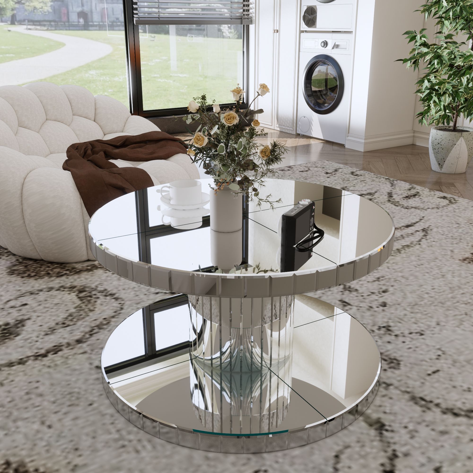 Luxury Double Tier Round Mirror Coffee &amp; End Table With Fluted Glass Modern Sofa Side Table - Silver / Glass