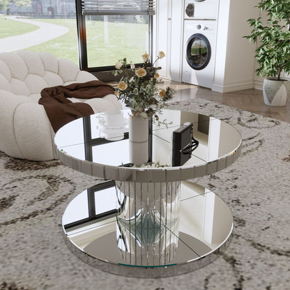 Luxury Double Tier Round Mirror Coffee &amp; End Table With Fluted Glass Modern Sofa Side Table - Silver / Glass
