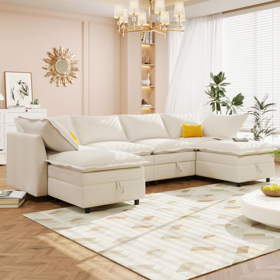 Versatile 6 Piece Modular Sofa Bed With Storage, Stylish Faux Double Layer Cushions, Comfortable &amp; Durable Design, Perfect For Any Living Space