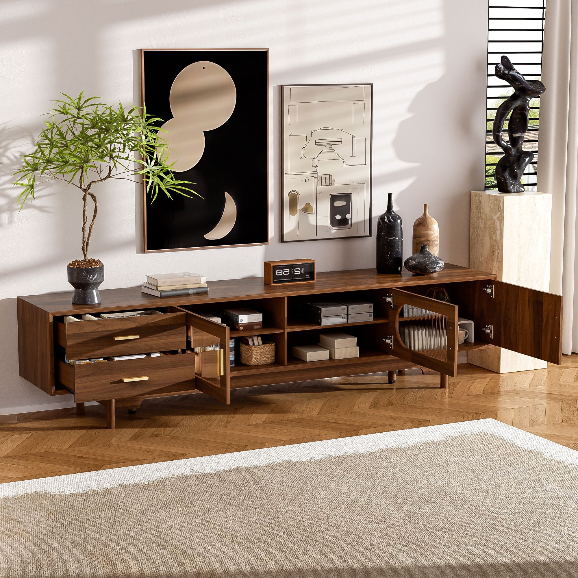 Modern TV Stand With Fluted Glass Doors &amp; 2 Drawers