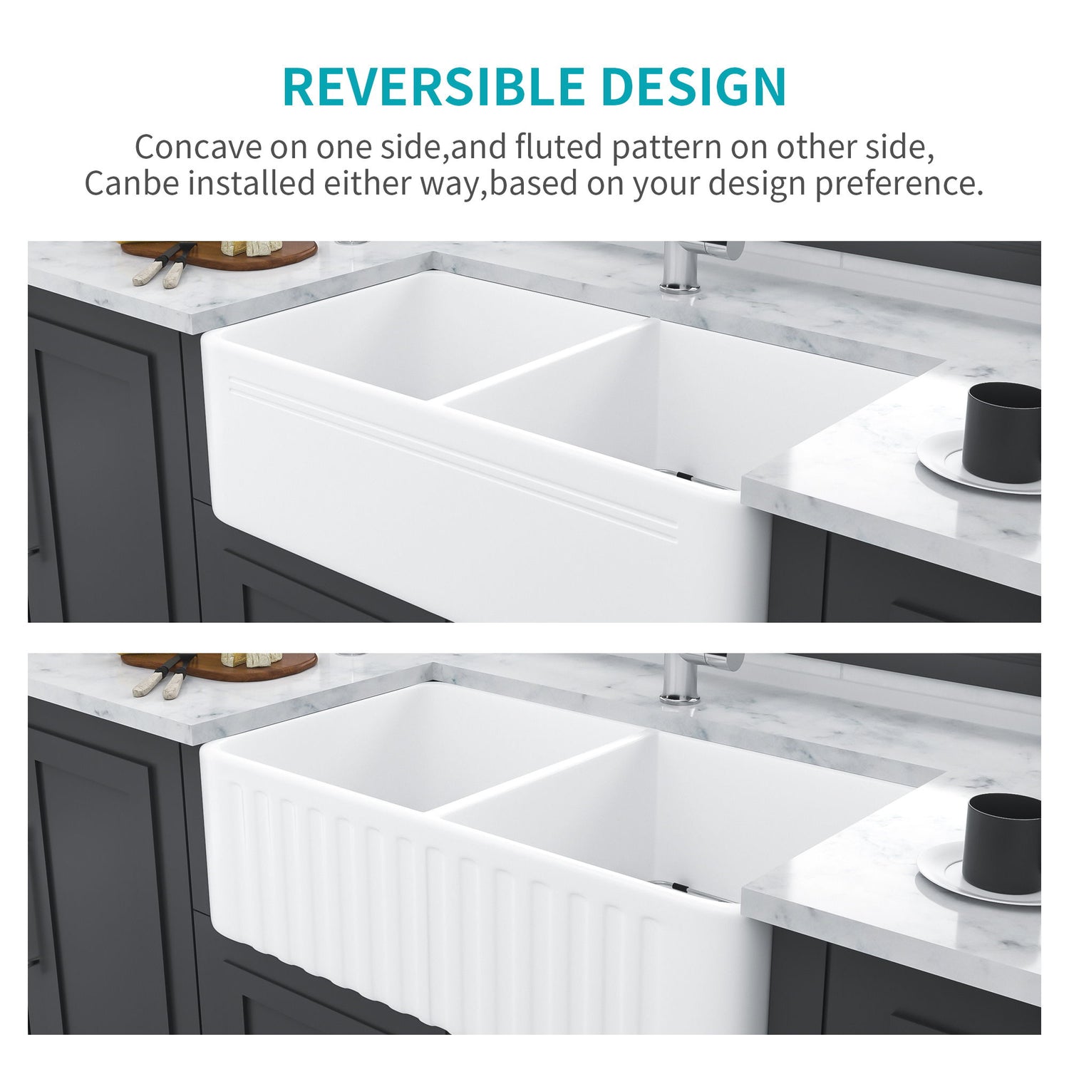 Sink 33&quot; Double Bowl Apron Front Kitchen Sink 50 / 50 - White