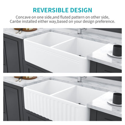 Sink 33&quot; Double Bowl Apron Front Kitchen Sink 50 / 50 - White