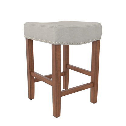 Upholstered Counter Height Bar Stool With Brass Nailhead Trim - Beige / Brown