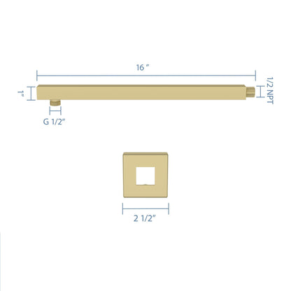 Wall Mounted Shower Arm With Flange, 16&quot; Stainless Steel For Rain Shower Heads - Gold