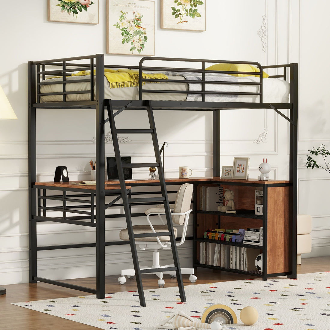 Loft Bed &amp; 3 Layers Of Shelves And L-Shaped Desk