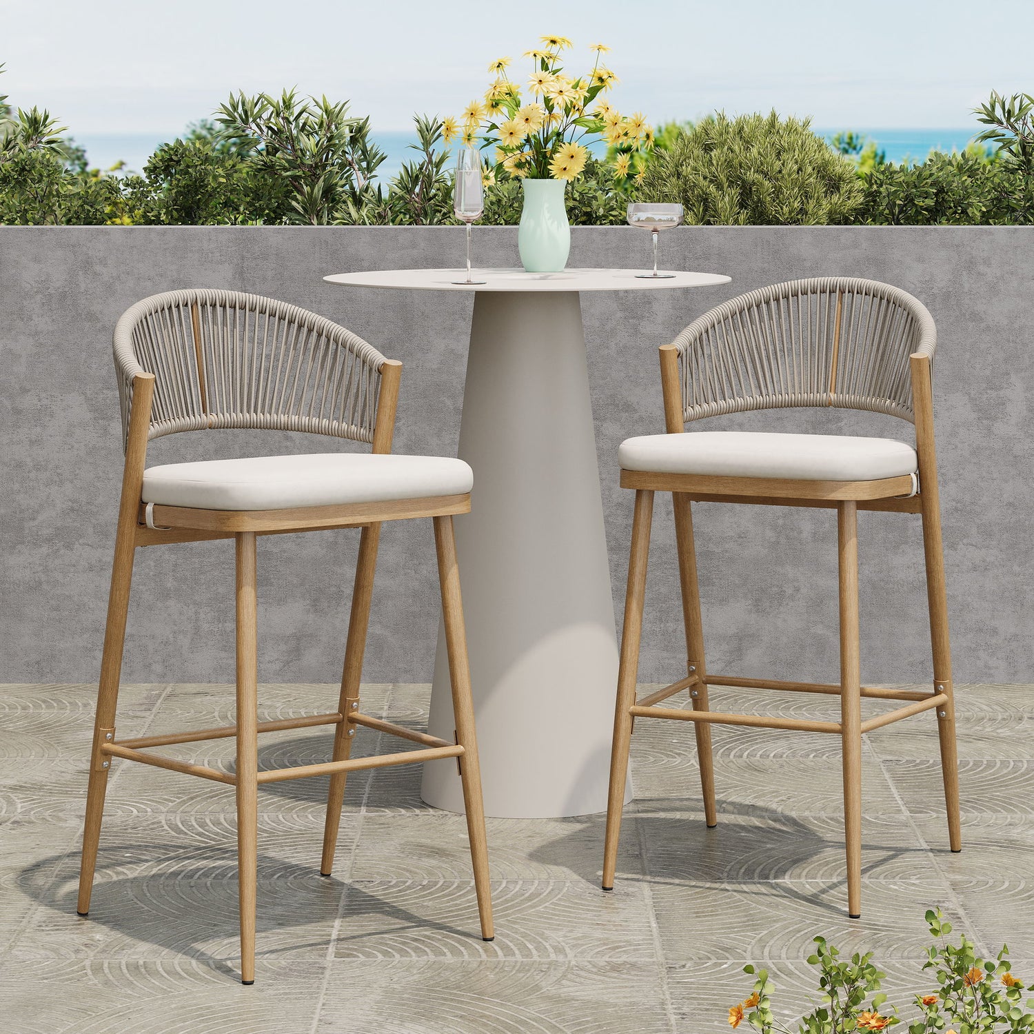Outdoor Bar Height Metal Frame Counter Stools With Scallop Shaped Backrest &amp; Water Resistant Cushions