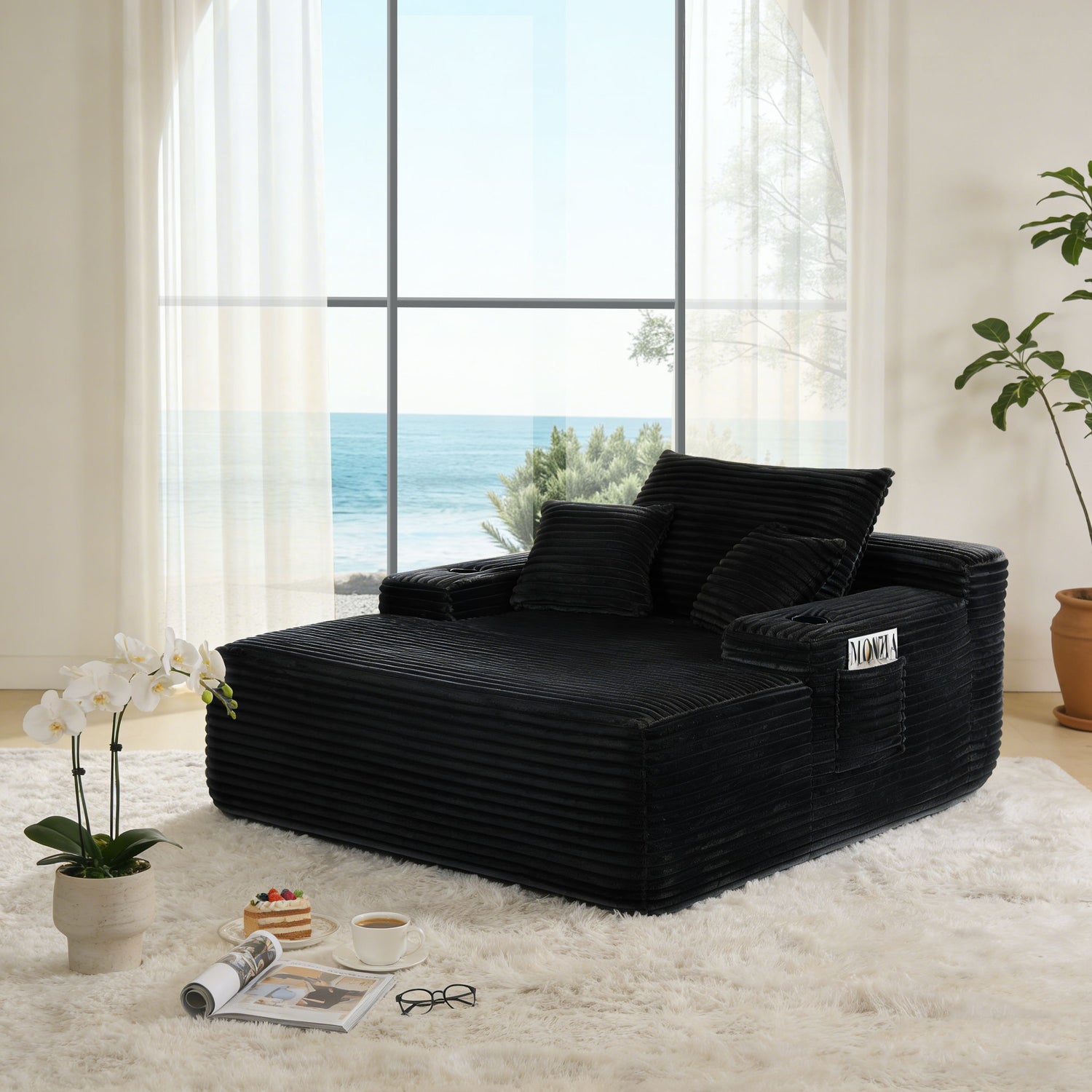 Convertible Chaise Lounge Chair With Wide Armrest &amp; Throw Pillows - Black