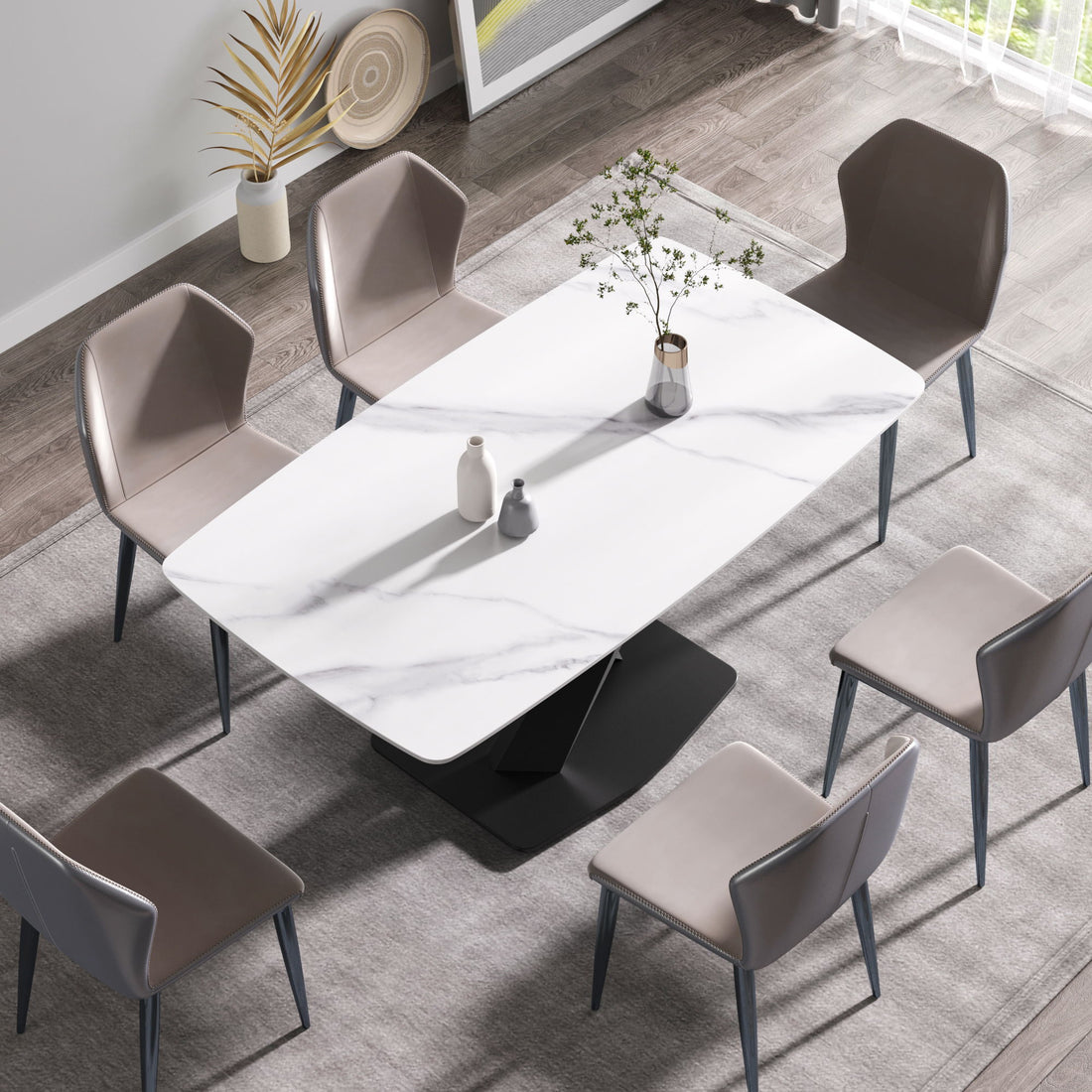 63&quot; Modern Artificial Stone Dining Table, 6 People - White / Black
