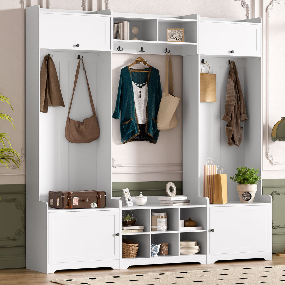 Wide Hall Tree With Shoe Storage, 4 In 1 Entryway Bench With 8 Cubbies, 7 Coat Hooks &amp; Adjustable Shelf For Hallway - White