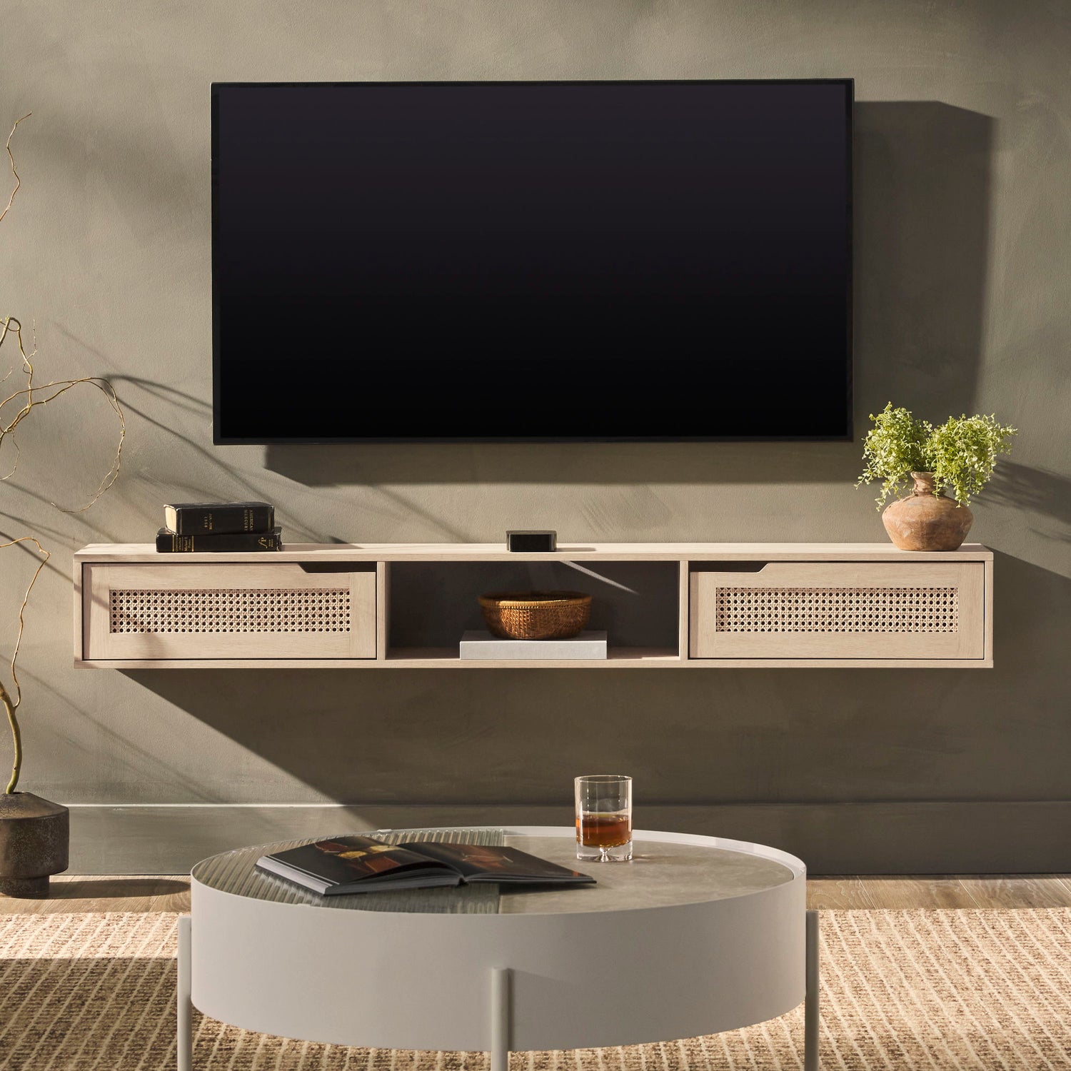Modern Rattan Door Floating TV Stand For TVs Up To 65&quot;
