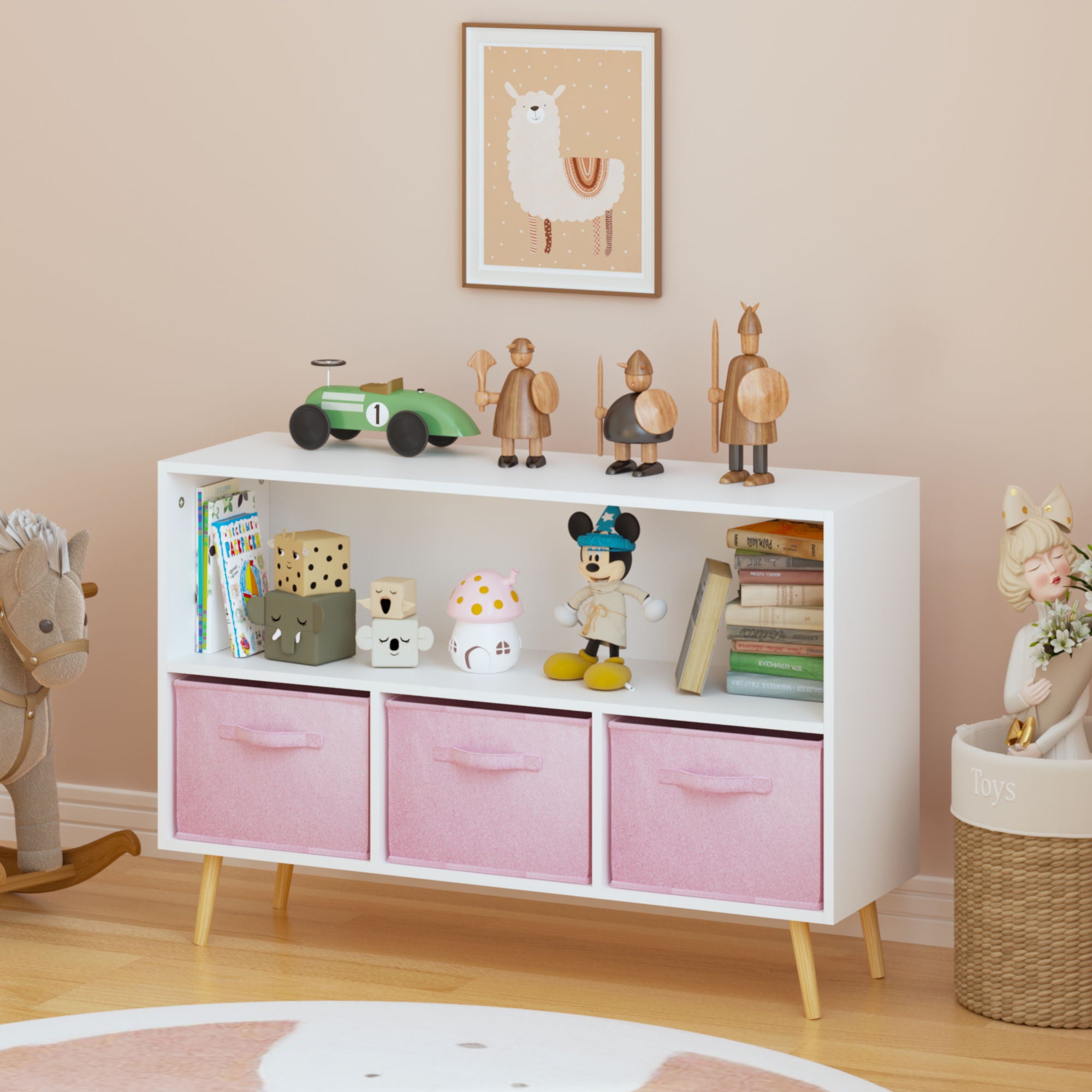 Kids Bookcase With Collapsible Fabric Drawers, Children&
