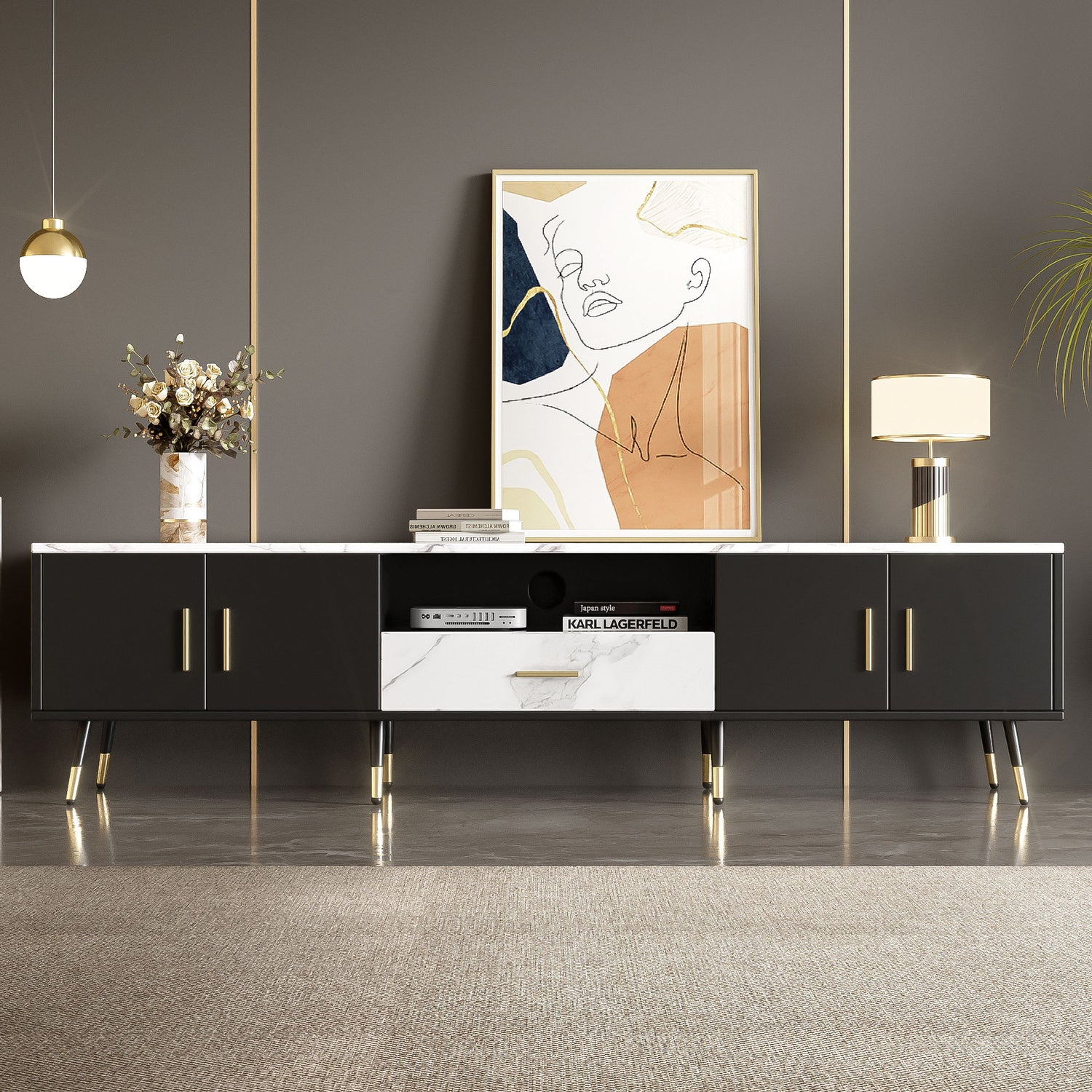 Modern TV Stand With 2 Cabinets &amp; Open Compartments, Entertainment Center For Tvs Up To 80&