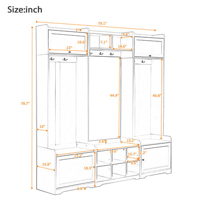 Wide Hall Tree With Shoe Storage, 4 In 1 Entryway Bench With 8 Cubbies, 7 Coat Hooks &amp; Adjustable Shelf For Hallway - White