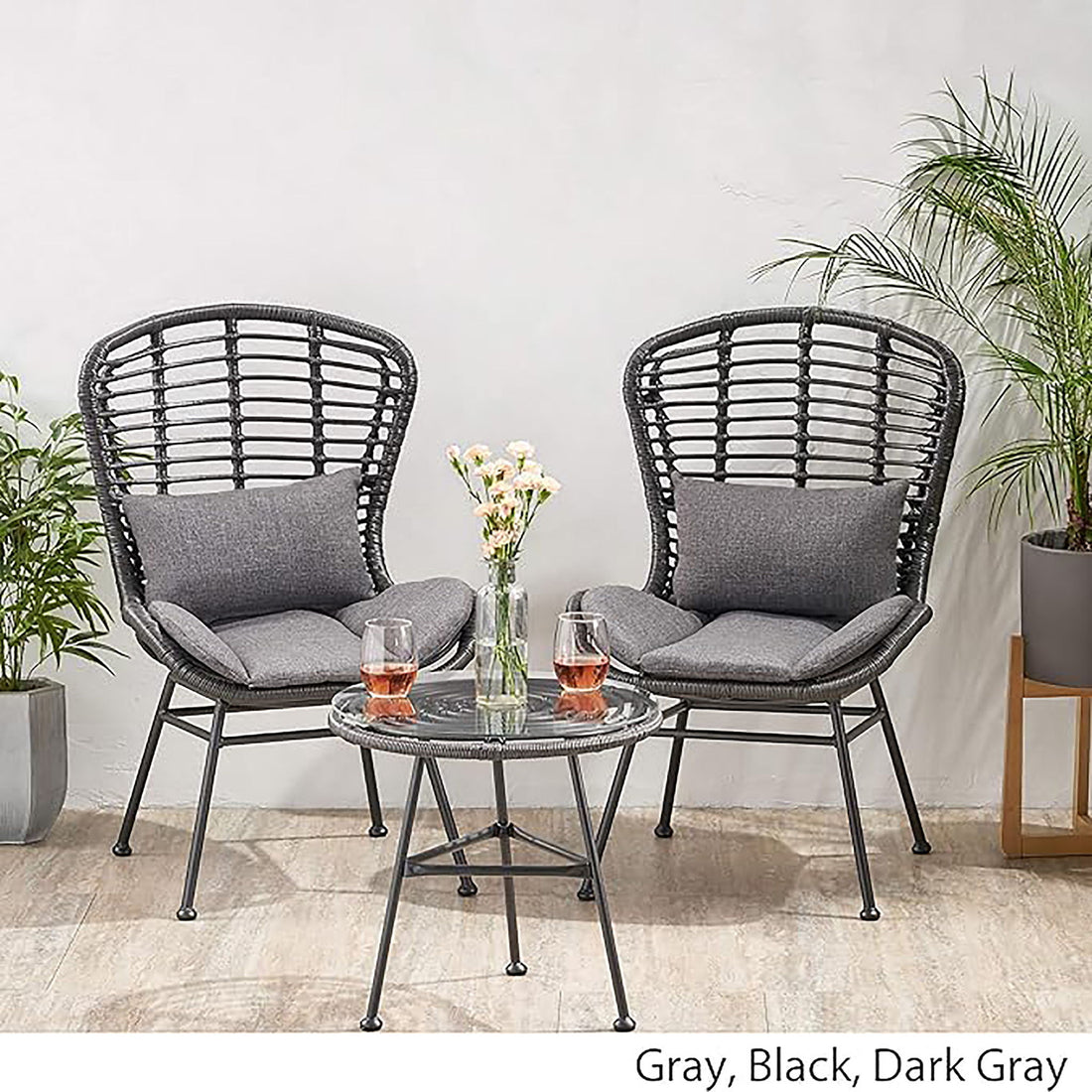 Cowan - Outdoor Wicker And Glass 3 Piece Chat Set With Cushions - Gray