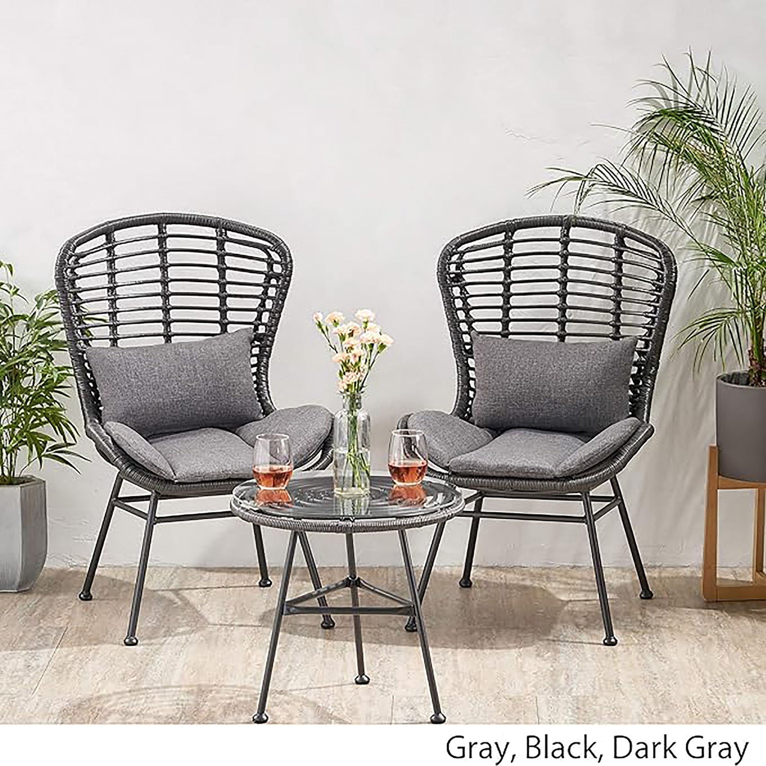 Cowan - Outdoor Wicker And Glass 3 Piece Chat Set With Cushions - Gray