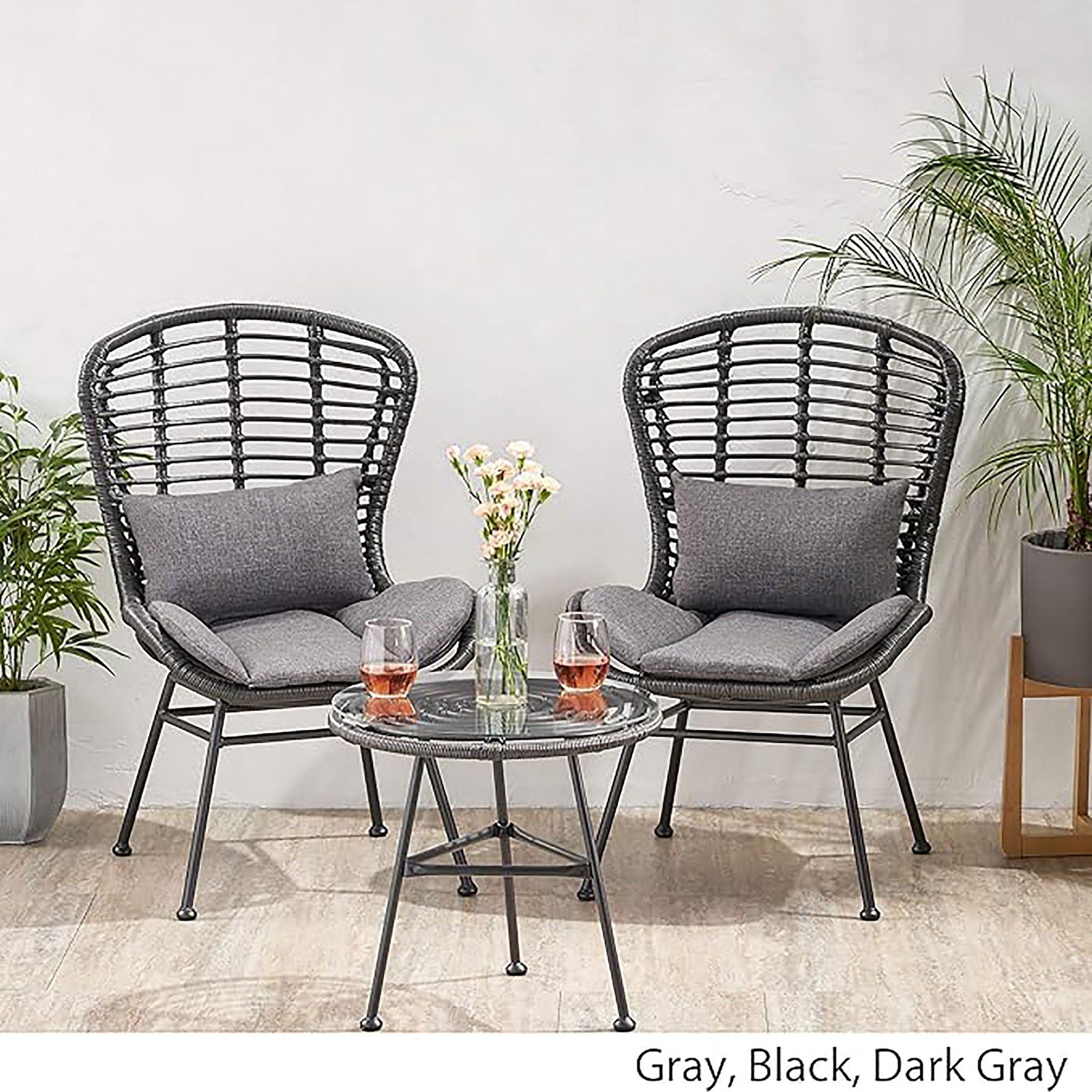 Cowan - Outdoor Wicker And Glass 3 Piece Chat Set With Cushions - Gray