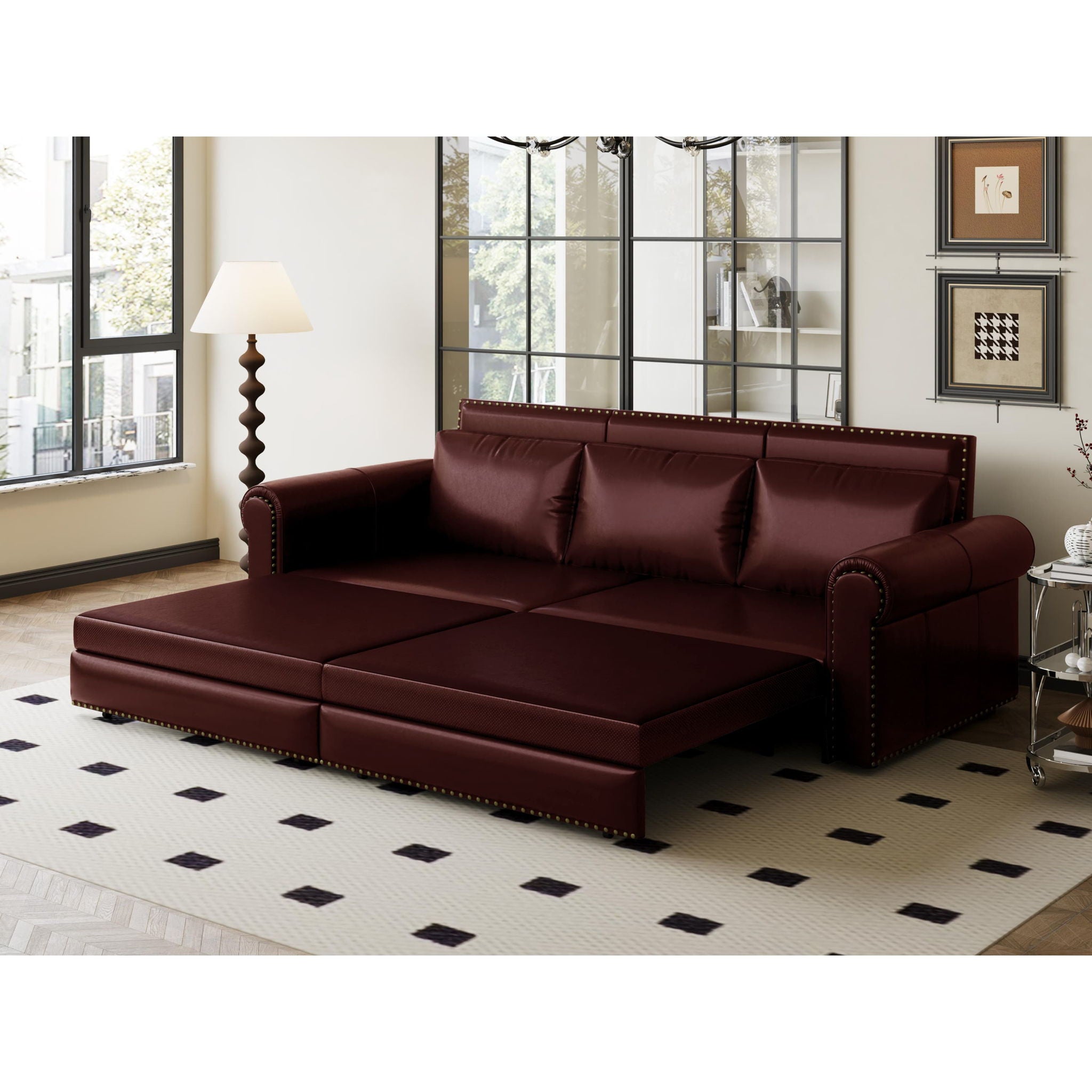 3 In 1 Convertible Sleeper Sofa With Nailhead Trim &amp; Rolled Arm