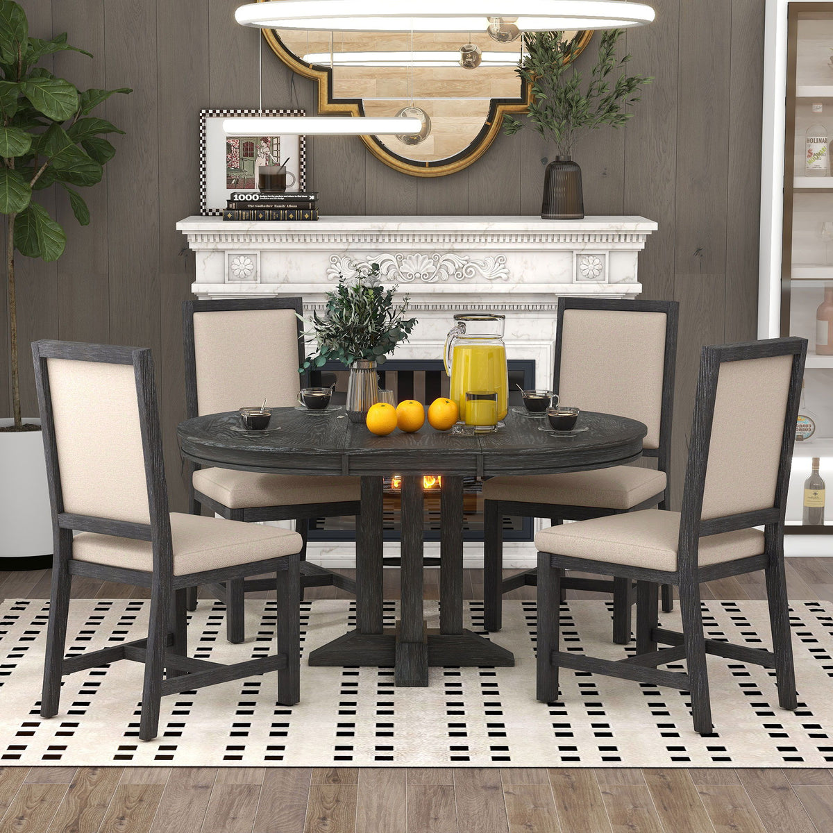 Dining Set &amp; Extendable Round Table And 4 Upholstered Chairs