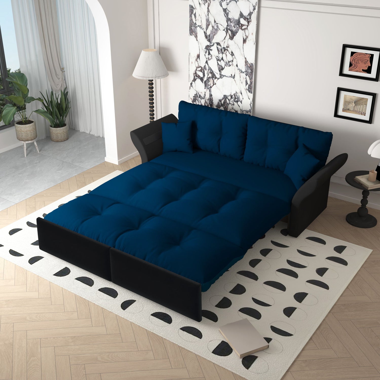 Queen Pull Out, 3 In 1 Convertible Sleeper Tufted Sofa &amp; 2 Soft Pillows