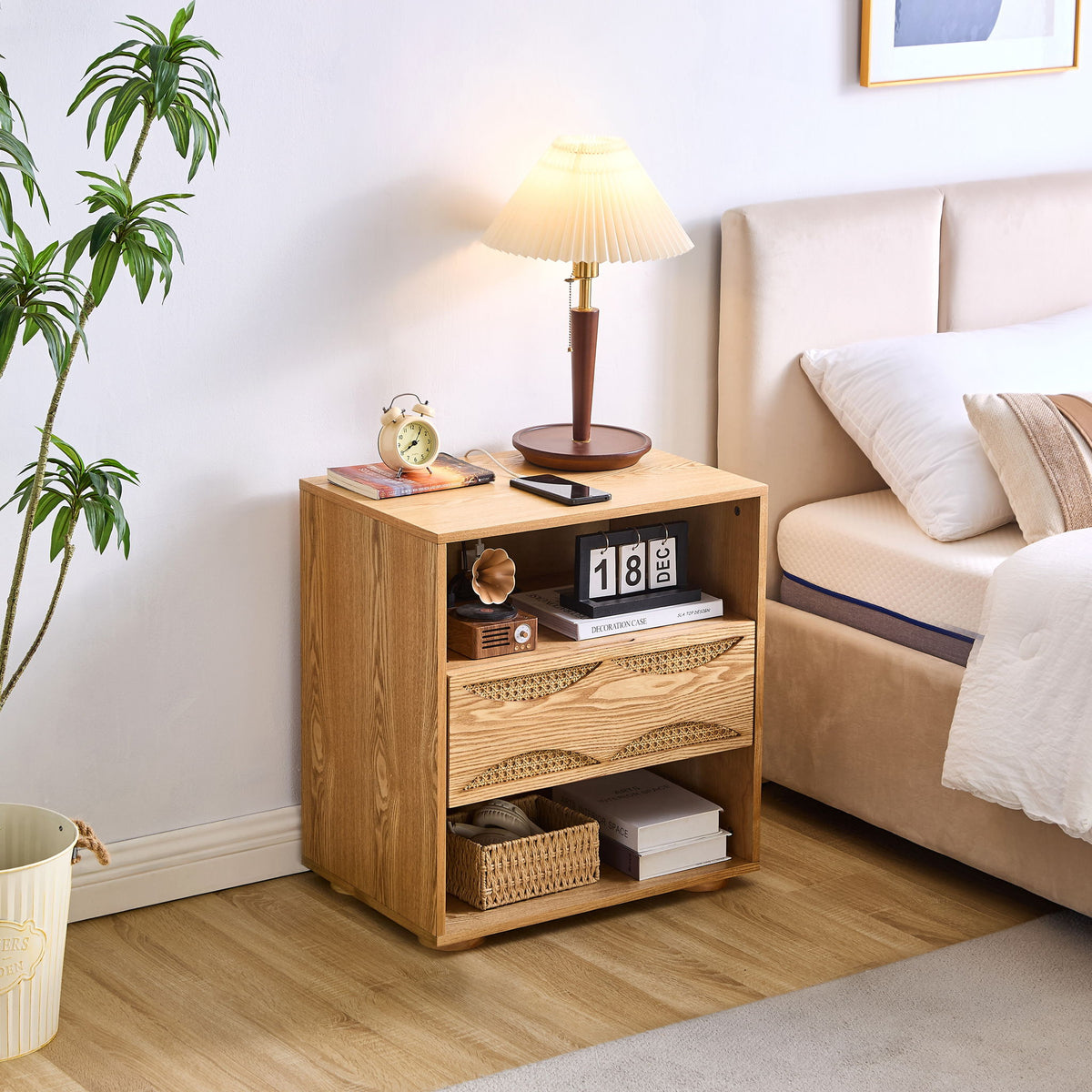 Nightstand With USB Ports &amp; Outlet Hole, End Table With Drawer