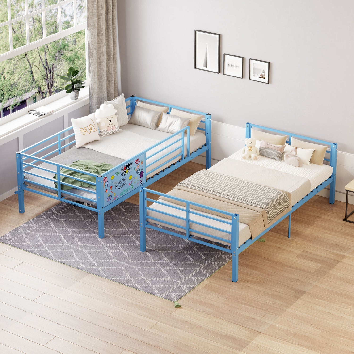 Bunk Bed, Convertible To 2 Separate Twin Size Beds &amp; Full Length Guardrail &amp; Ladder, No Box Spring Needed - Blue