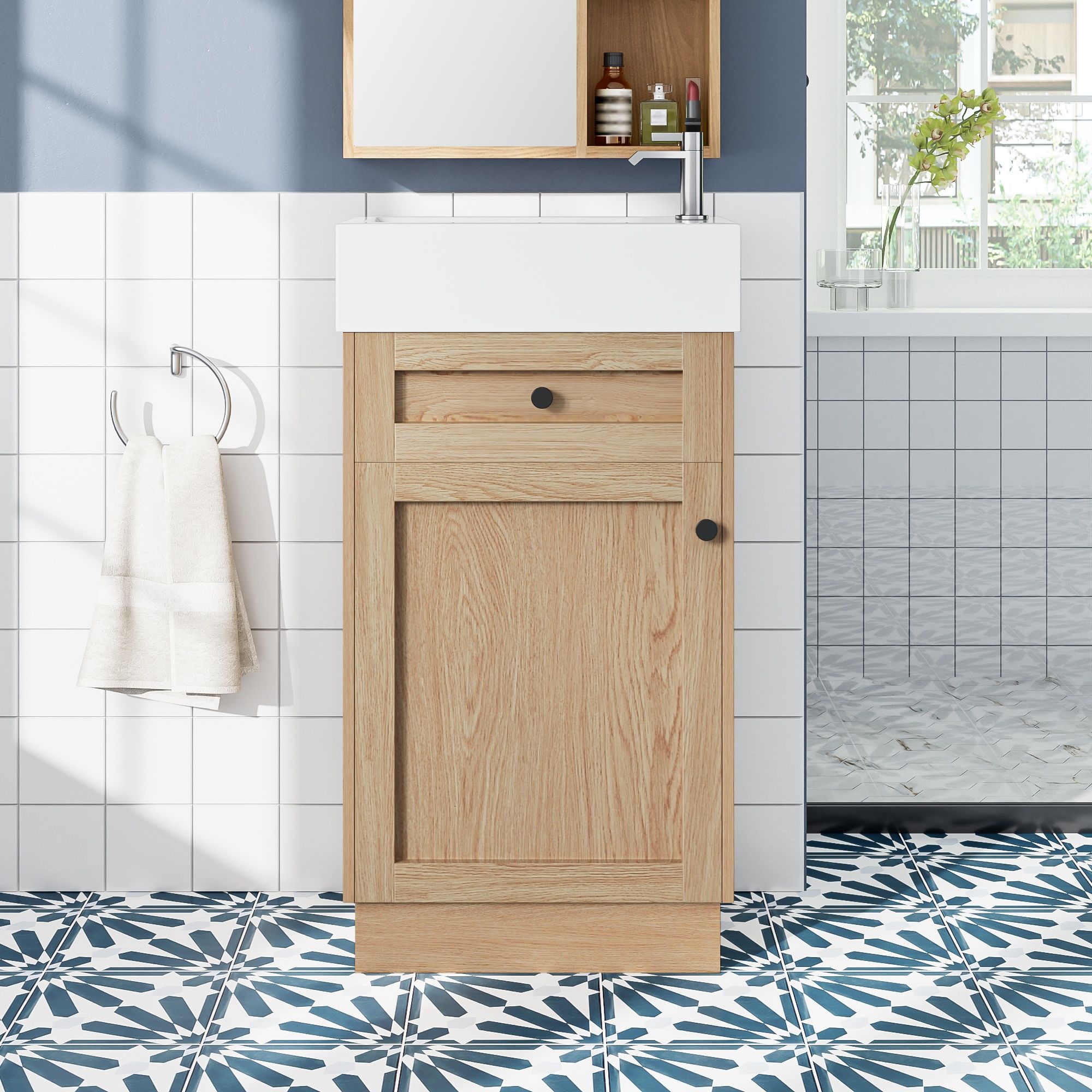 Bathroom Vanity With Reversible Resin Sink, Cabinet &amp; Zinc Alloy Handles - Wood