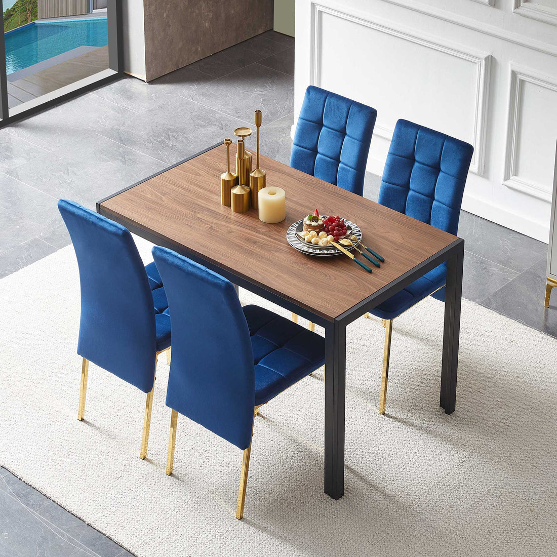 5 Pieces Dining Set Including Velvet High Back Golden Color Legs Nordic Dining Chair &amp; Creative Design Dining Table