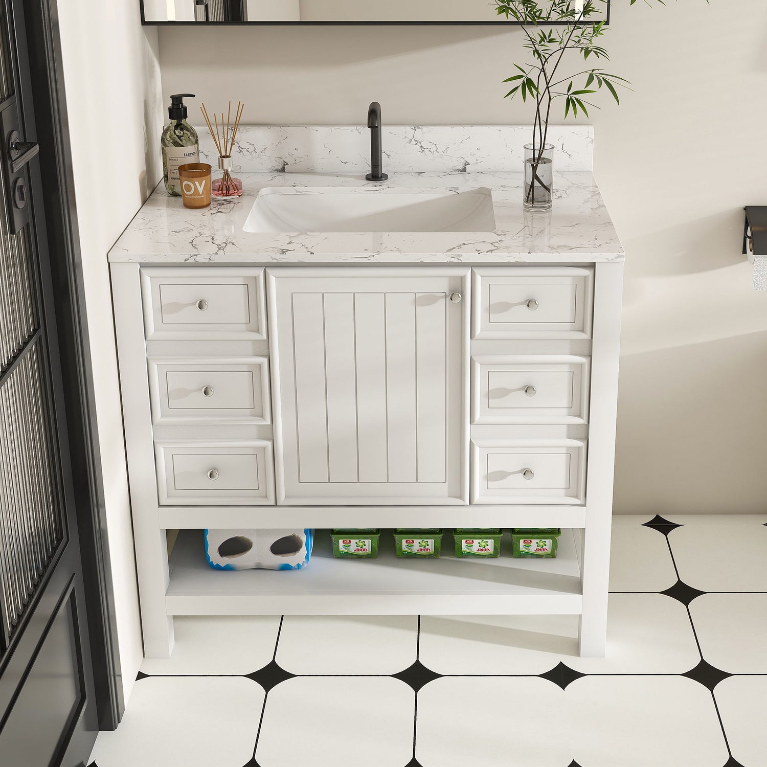 37&quot; Bathroom Vanity, Multi Functional Cabinet With Doors And Drawers, Frame, Single Faucet Hole - White