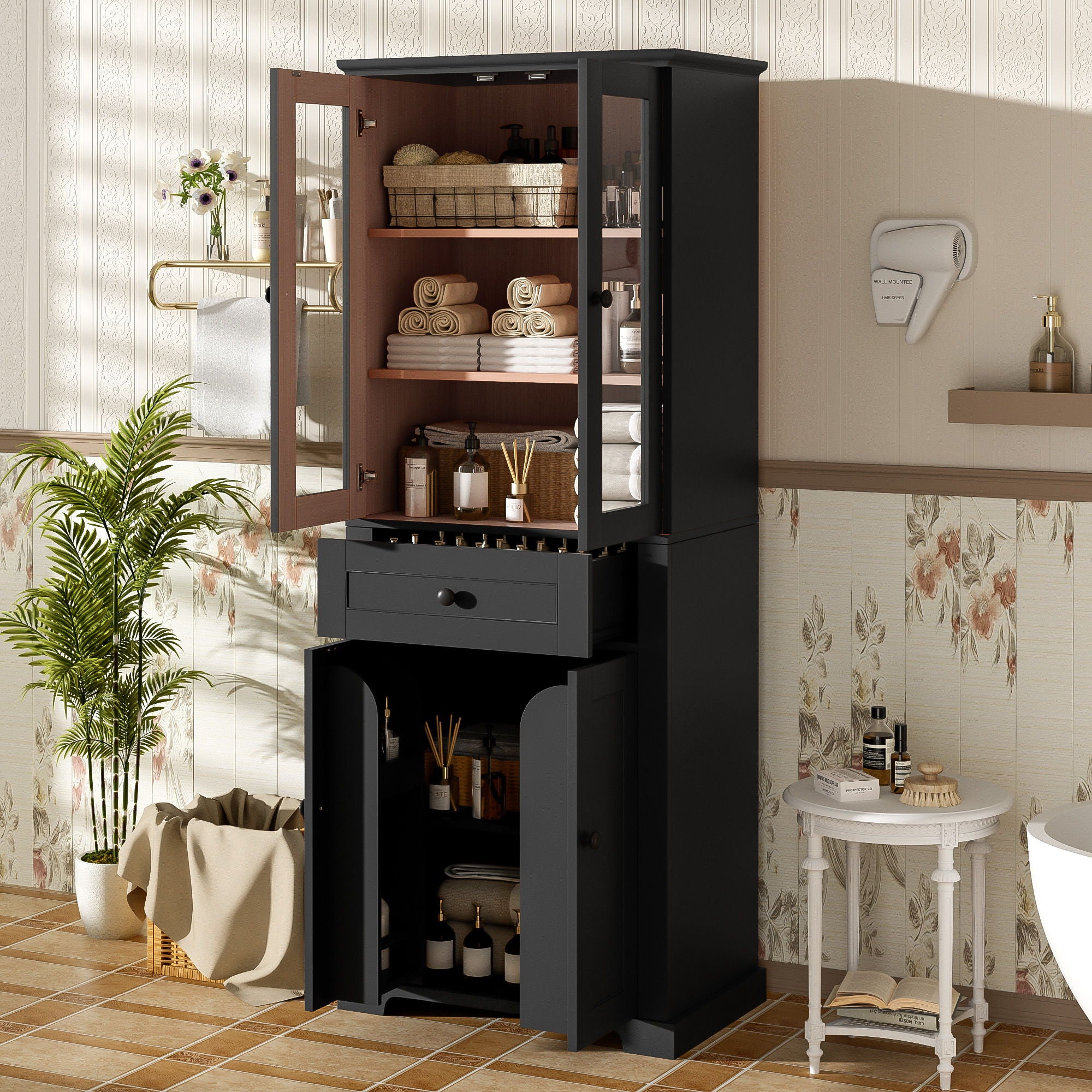 Bathroom Storage Cabinet, Adjustable Shelves &amp; Drawer, Freestanding Linen Tower