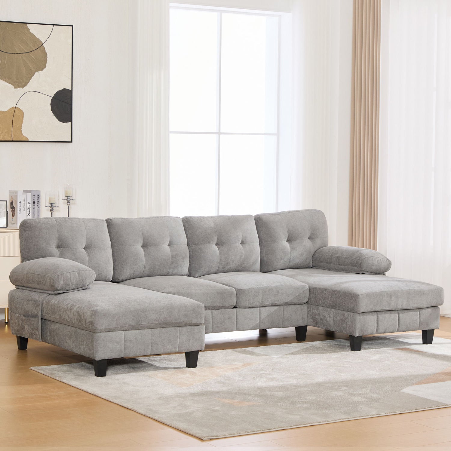 U-Shaped Sectional Sofa 103.5&quot; Black Chenille Fabric Couch With Dual Chaise Lounges, Storage Pockets, Armrest Pillows