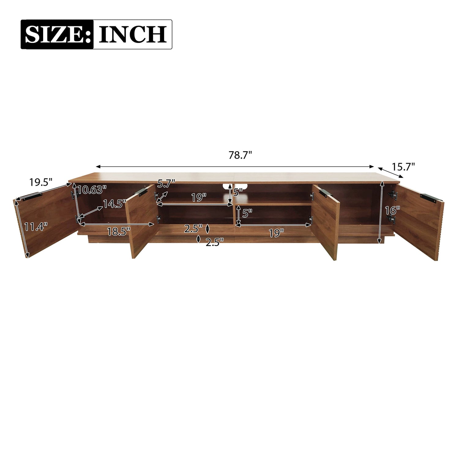 TV Stand, Entertainment Center &amp; Fluted Door &amp; Cable Management, Soft Closing Hinges - Walnut
