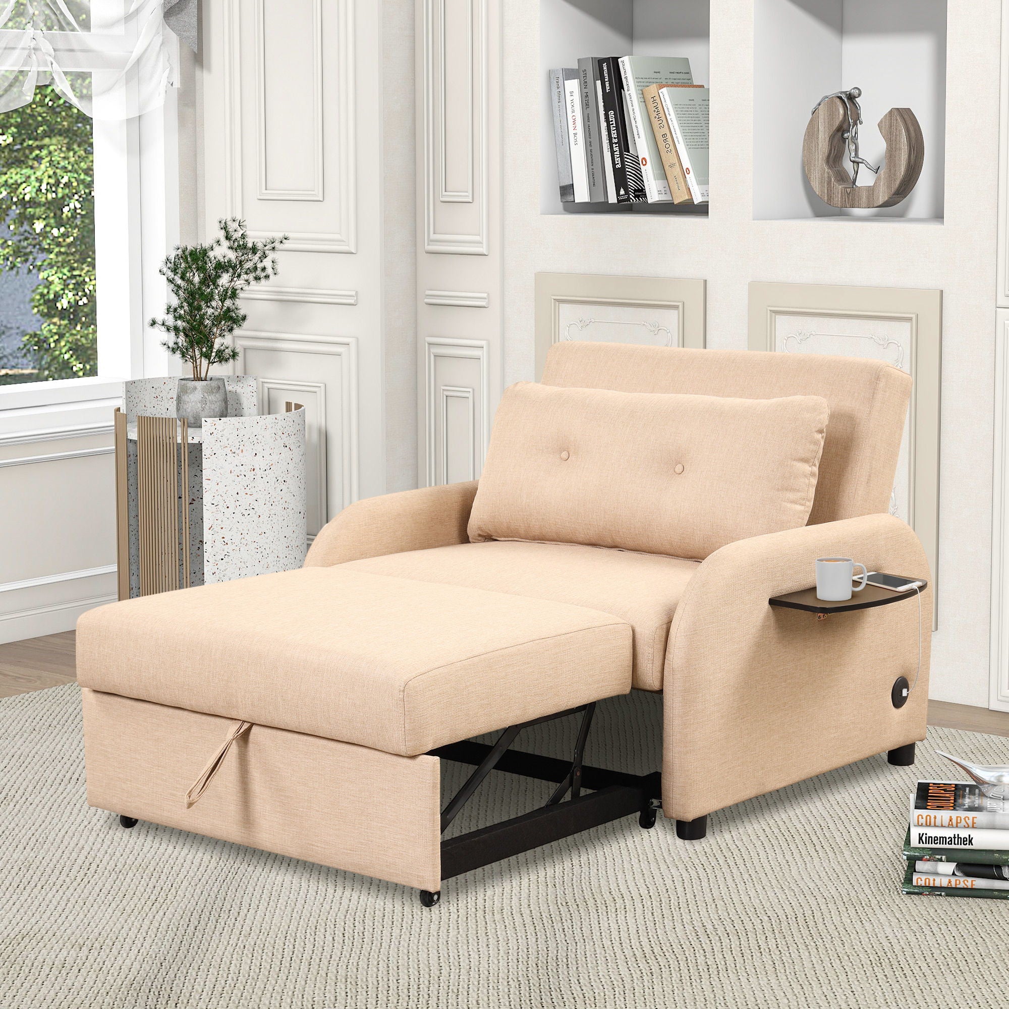 Versatile Pull Out Sofa Sleeper 3 In 1 With Wing Table &amp; USB Charge, Compact Design