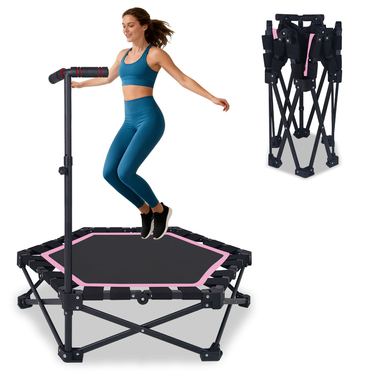Foldable Mini Trampoline, 1 Step Fold &amp; Open, 3 Level Adjustable T - Bar, Indoor &amp; Outdoor Workout - Black / Pink