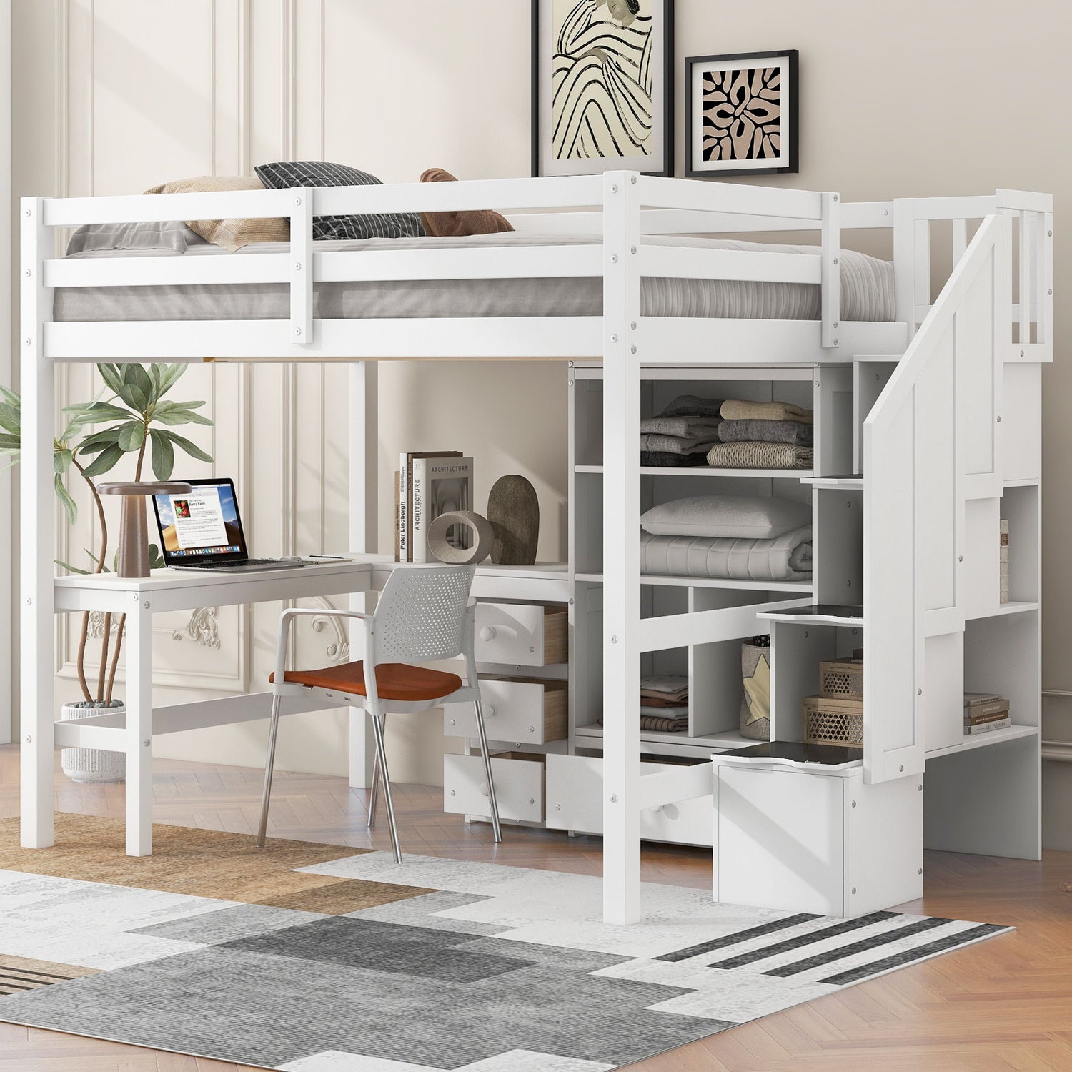 Loft Bed &amp; L Shaped Desk, Drawers, Cabinet, And Storage Staircase