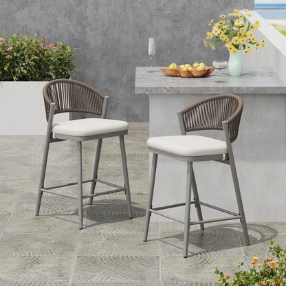 Outdoor 26&quot; Counter Height Metal Frame Counter Stools With Scallop Shaped Backrest &amp; Water Resistant Cushions