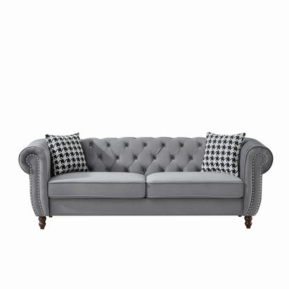 Chesterfield Velvet Upholstery Fabric Sofa With Roll Armrest &amp; Nailhead
