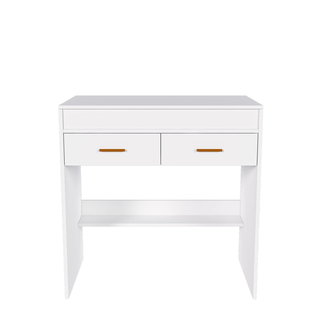 Flip Top Vanity Desk With LED Mirror &amp; Outlet Makeup Table With 2 Drawers, Open Storage, And Jewelry Hooks - White