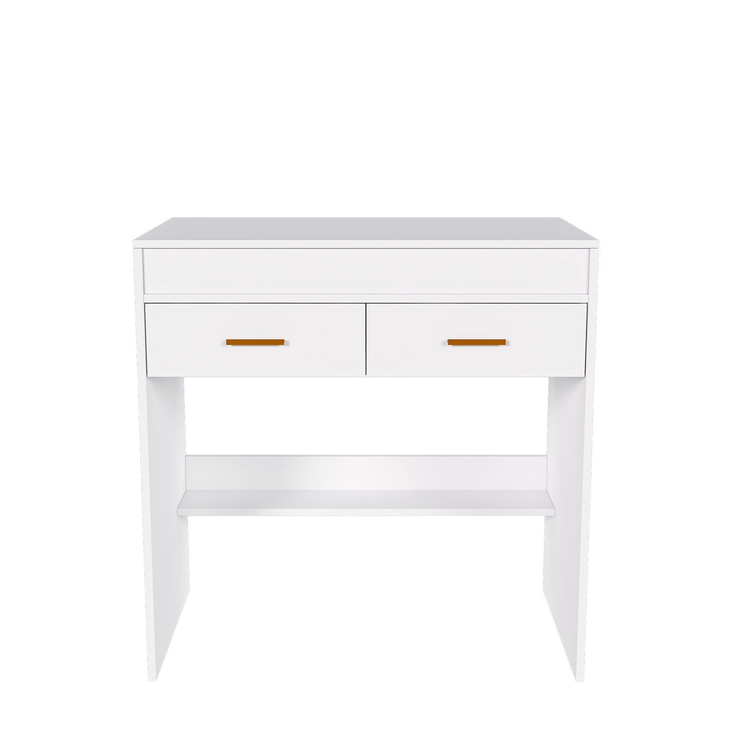Flip Top Vanity Desk With LED Mirror &amp; Outlet Makeup Table With 2 Drawers, Open Storage, And Jewelry Hooks - White