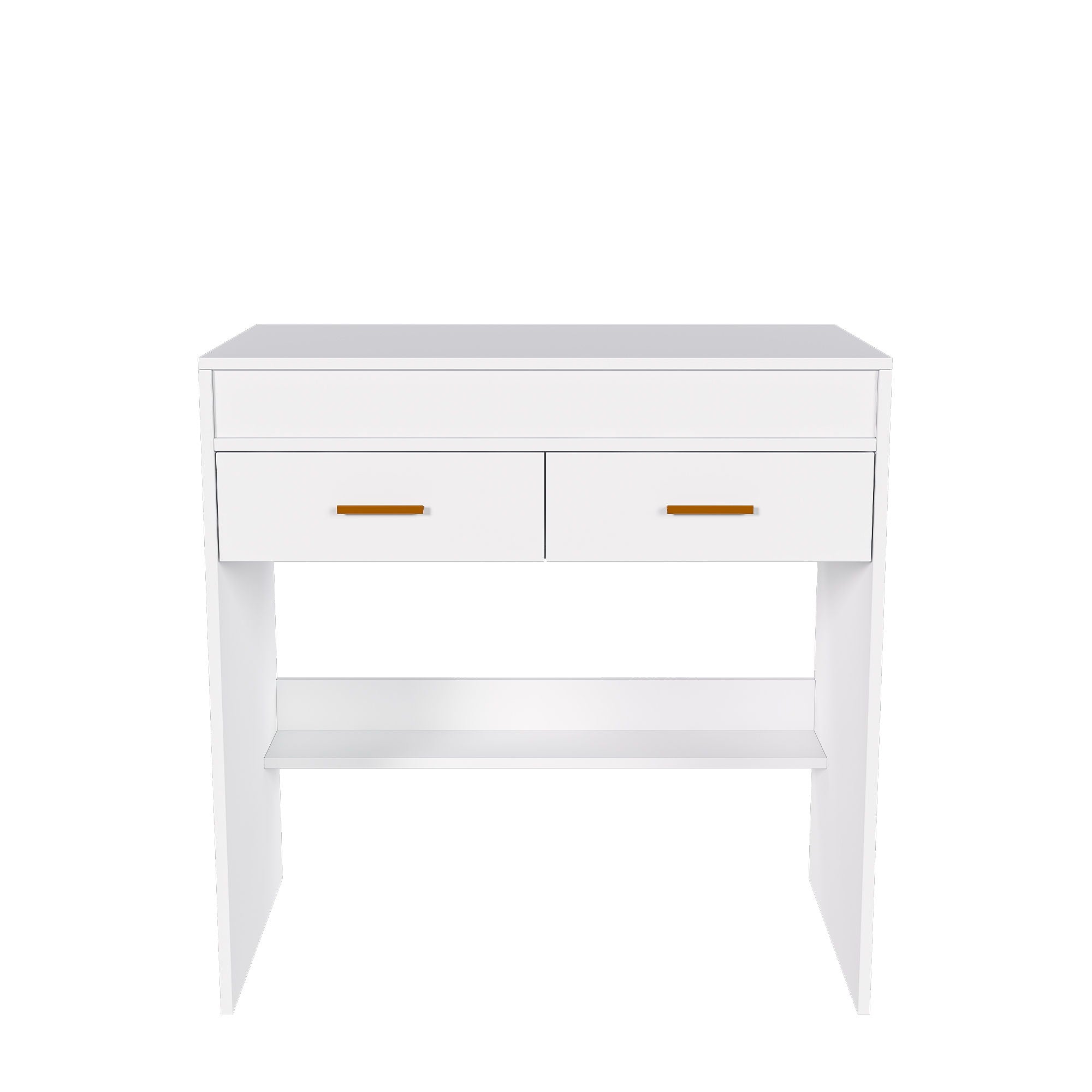 Flip Top Vanity Desk With LED Mirror &amp; Outlet Makeup Table With 2 Drawers, Open Storage, And Jewelry Hooks - White