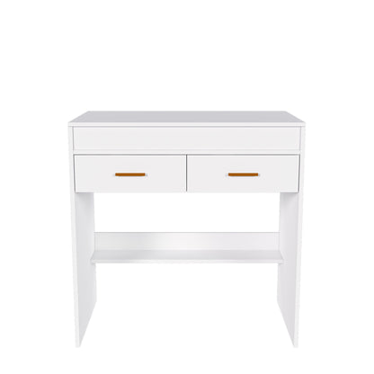Flip Top Vanity Desk With LED Mirror &amp; Outlet Makeup Table With 2 Drawers, Open Storage, And Jewelry Hooks - White