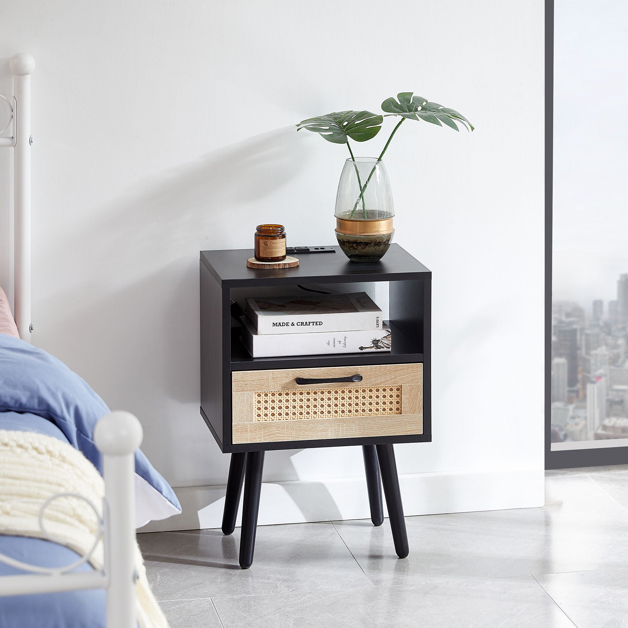 15.75&quot; Rattan End Table With Power Outlet &amp; USB Ports, Modern Nightstand With Drawer And Solid Wood Legs, Side Table For Living Room, Bedroom