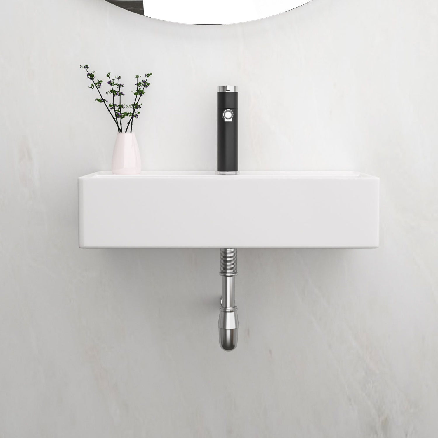 Modern Ceramic Rectangular Wall Mounted Bathroom Sink With Faucet Hole &amp; Overflow