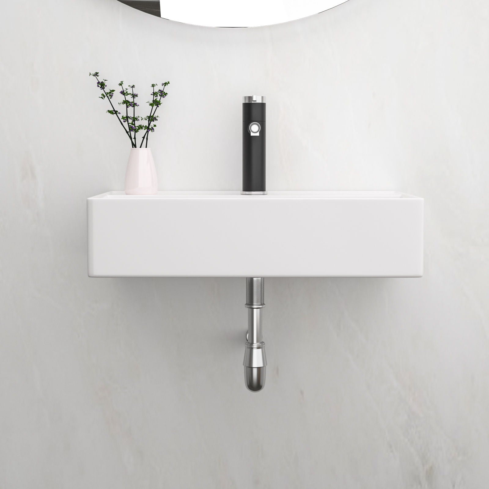 Modern Ceramic Rectangular Wall Mounted Bathroom Sink With Faucet Hole &amp; Overflow