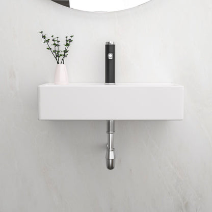 Modern Ceramic Rectangular Wall Mounted Bathroom Sink With Faucet Hole &amp; Overflow