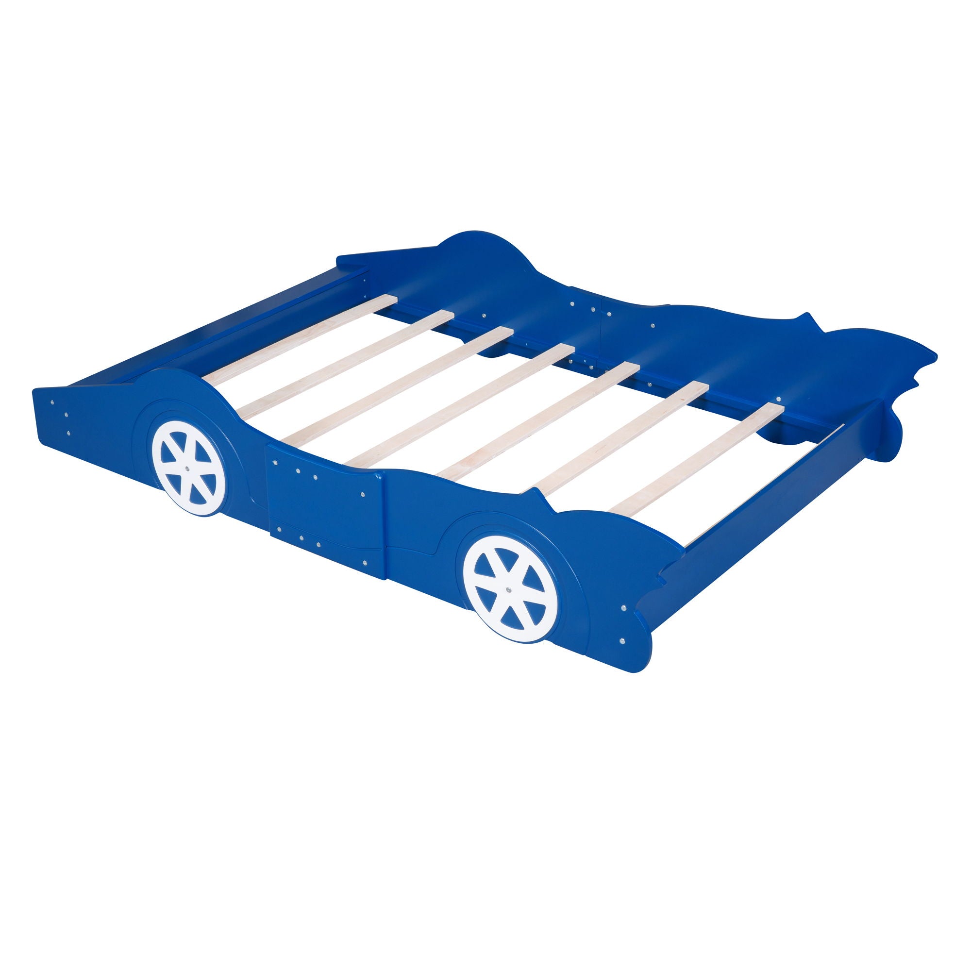 Full Size Race Car-Shaped Platform Bed &amp; Wheels - Blue
