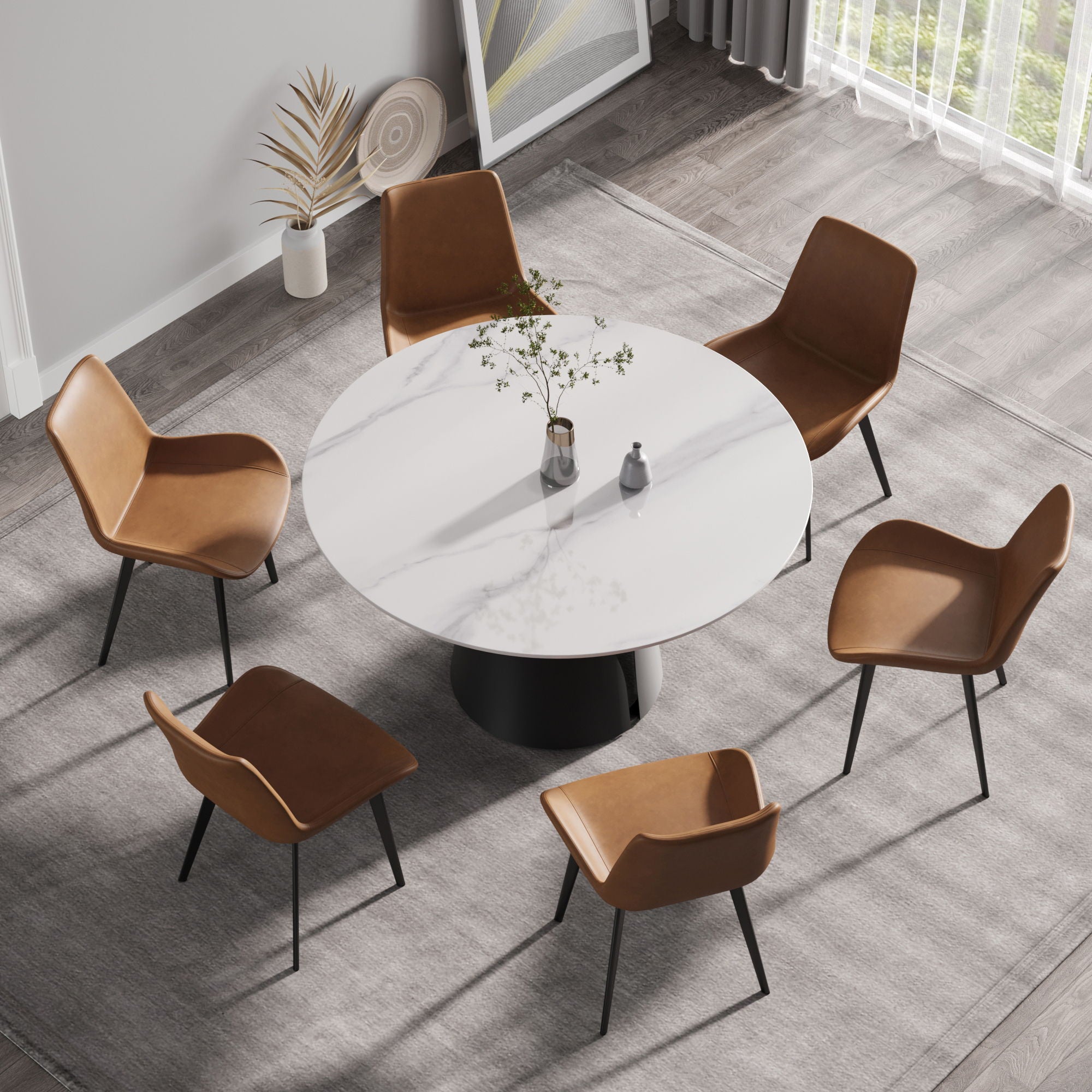 53.15&quot; Modern Artificial Stone Round Carbon Steel Base Dining Table, Can Accommodate 6 People - White / Black