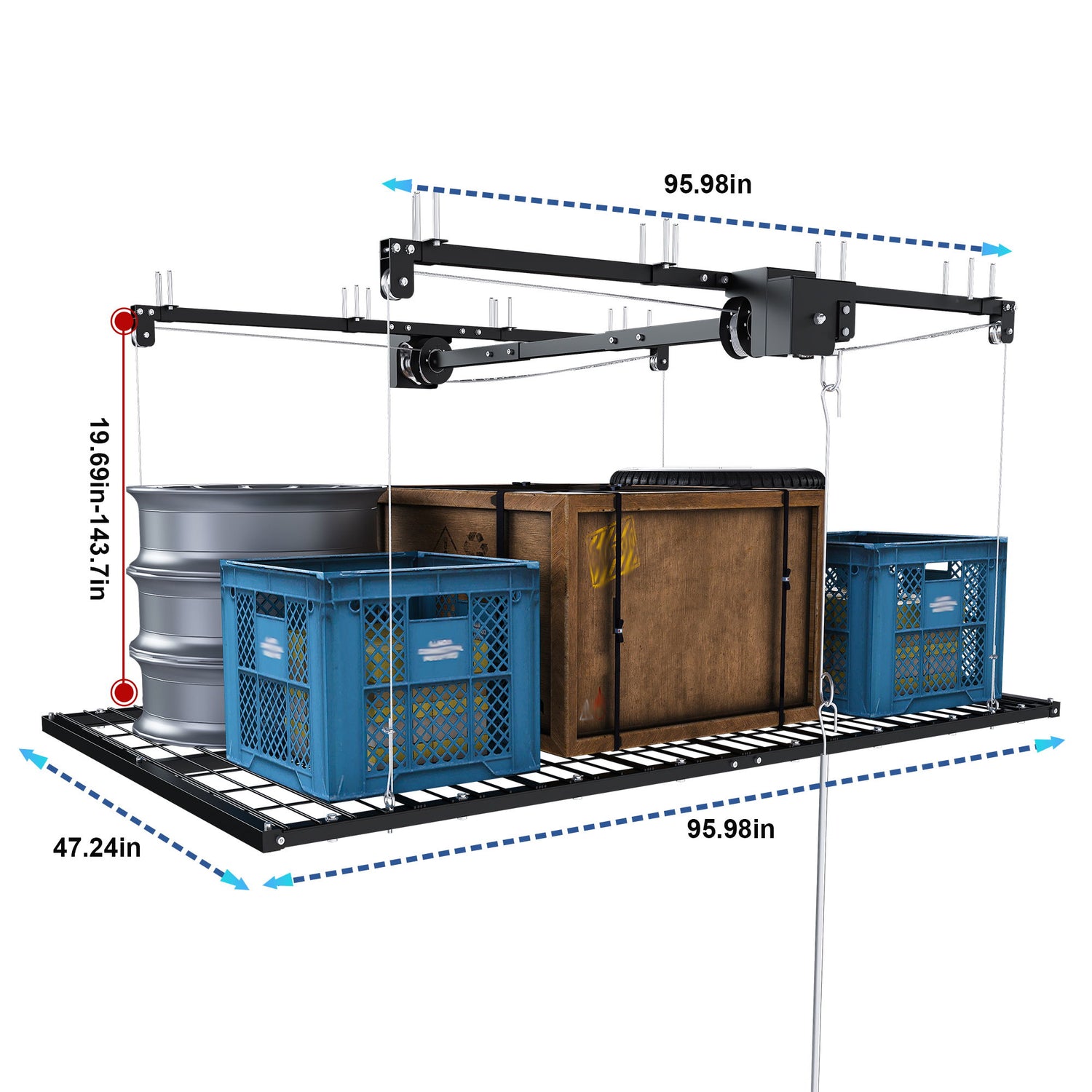 Overhead Garage Storage Rack For High Ceilings &amp; Safety Lock - Black