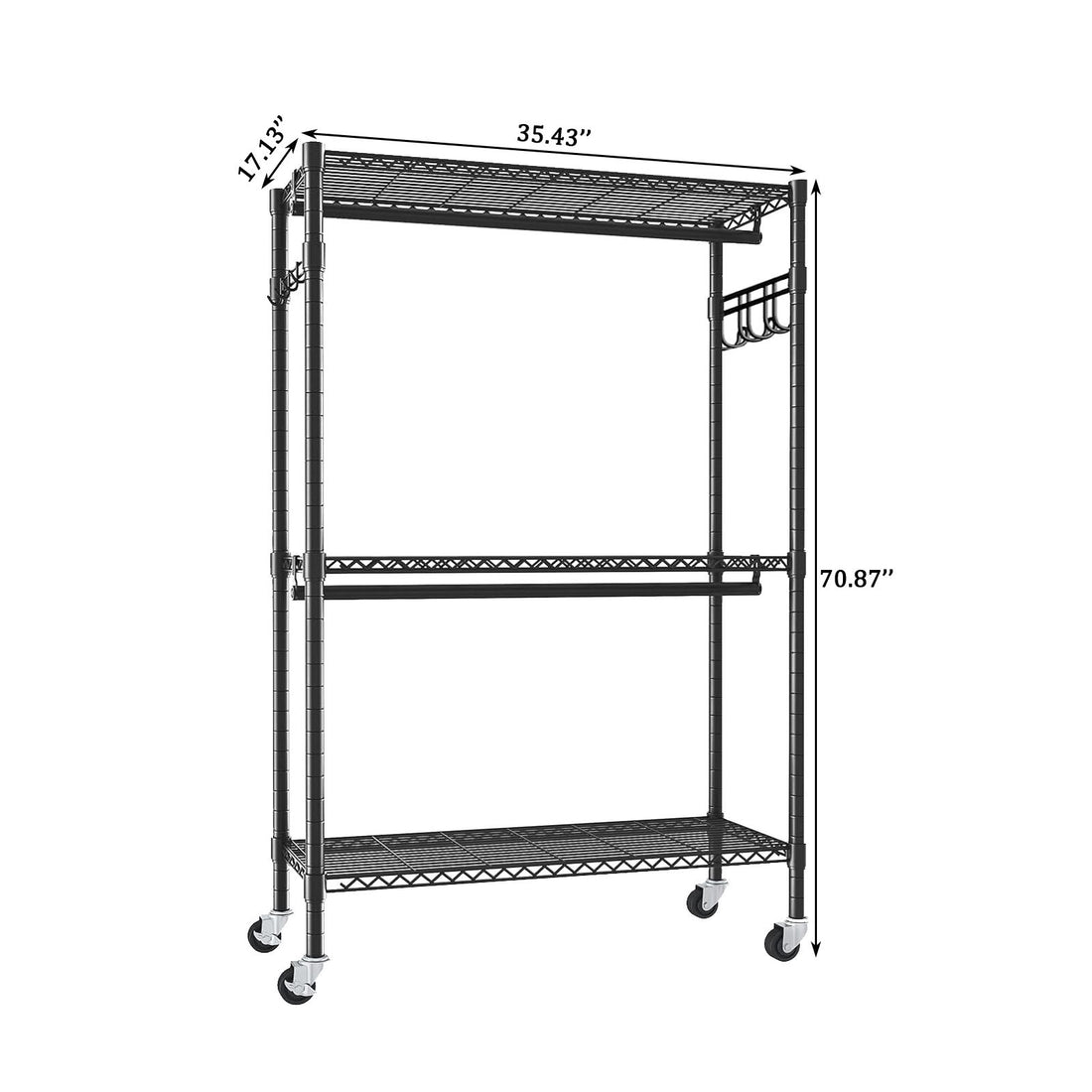 Heavy Duty Rolling Clothes Rack With 3 Tier Shelves, 2 Rails &amp; Side Hooks, Adjustable Freestanding Organizer Metal - Black
